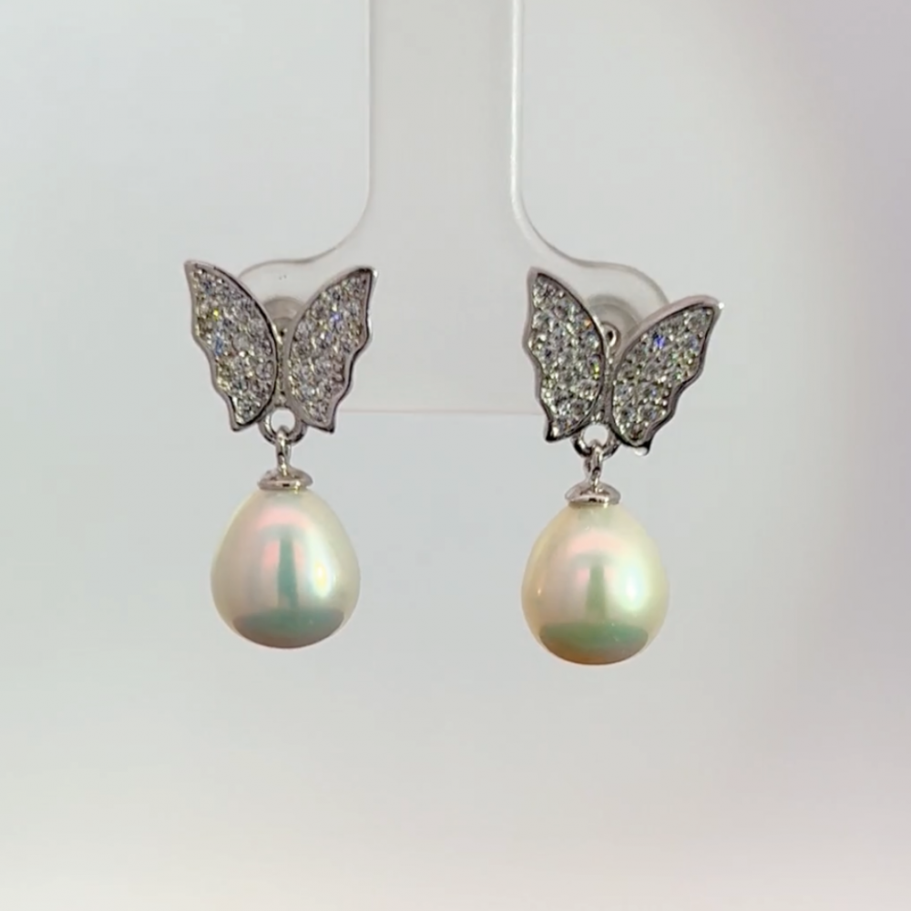 Freshwater Pearl & Butterfly CZ Drop Earrings in Sterling Silver