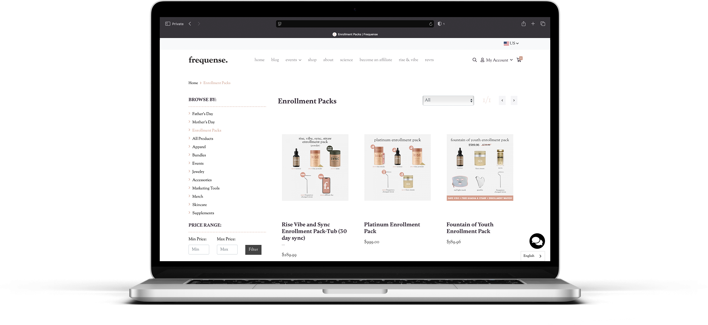 Frequense Shop showing the Enrollment Packs category