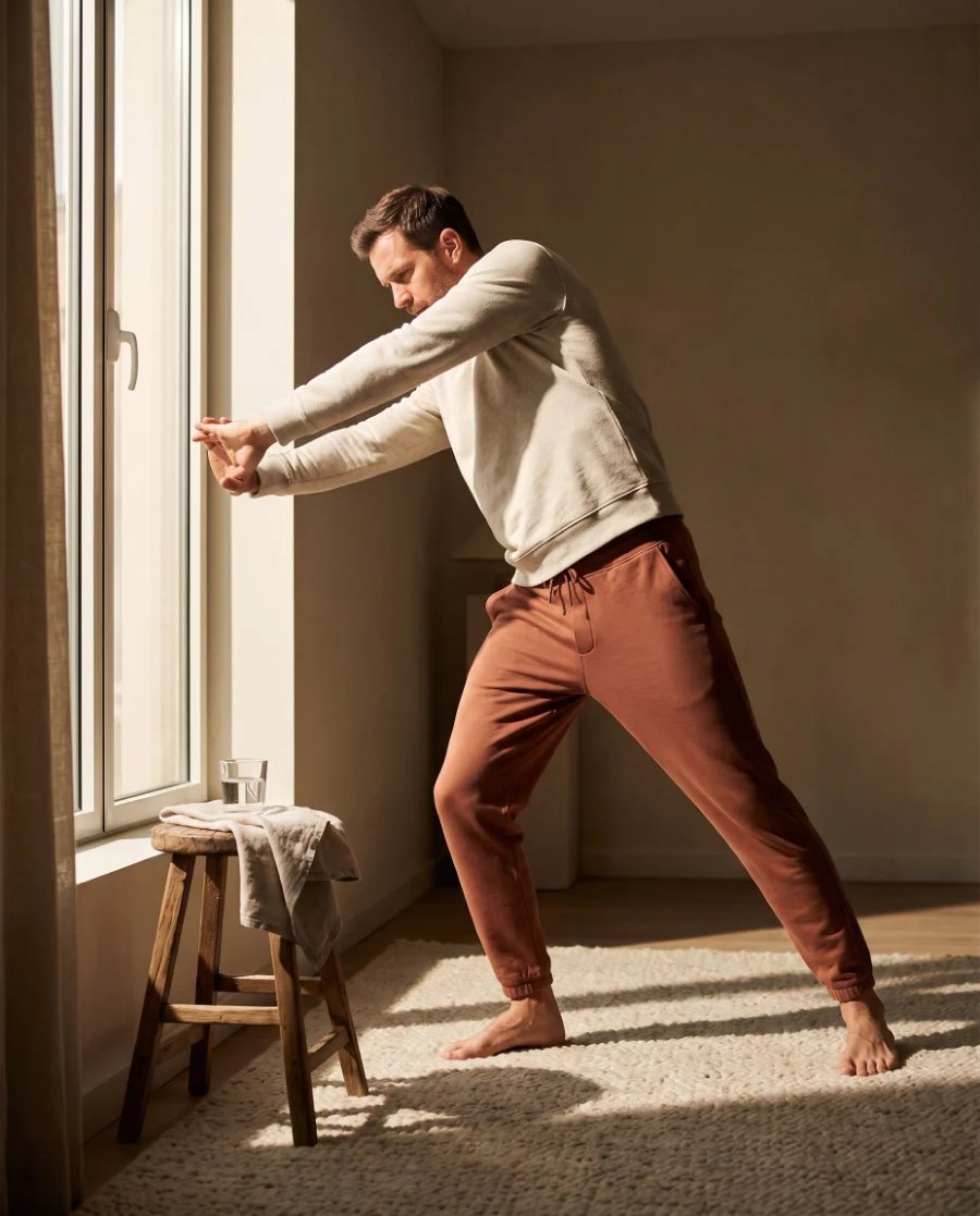 Morning stretch by the window during the FREQ44 Challenge