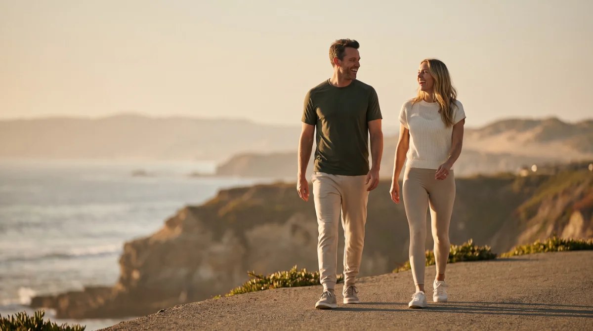Two people walking along the coast
