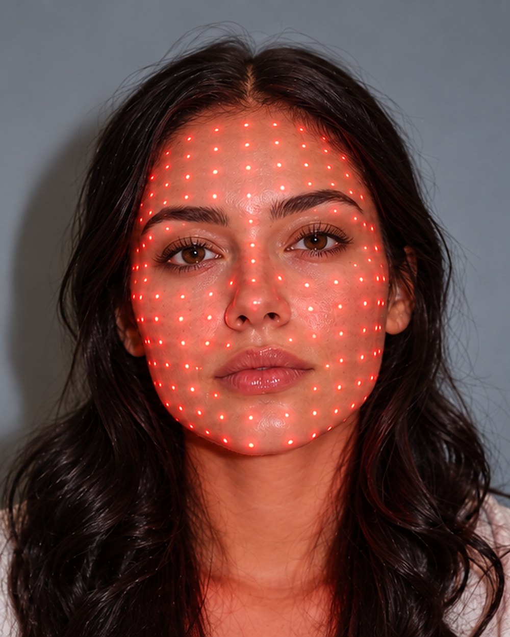 a red light dot matrix mapped across a woman's face