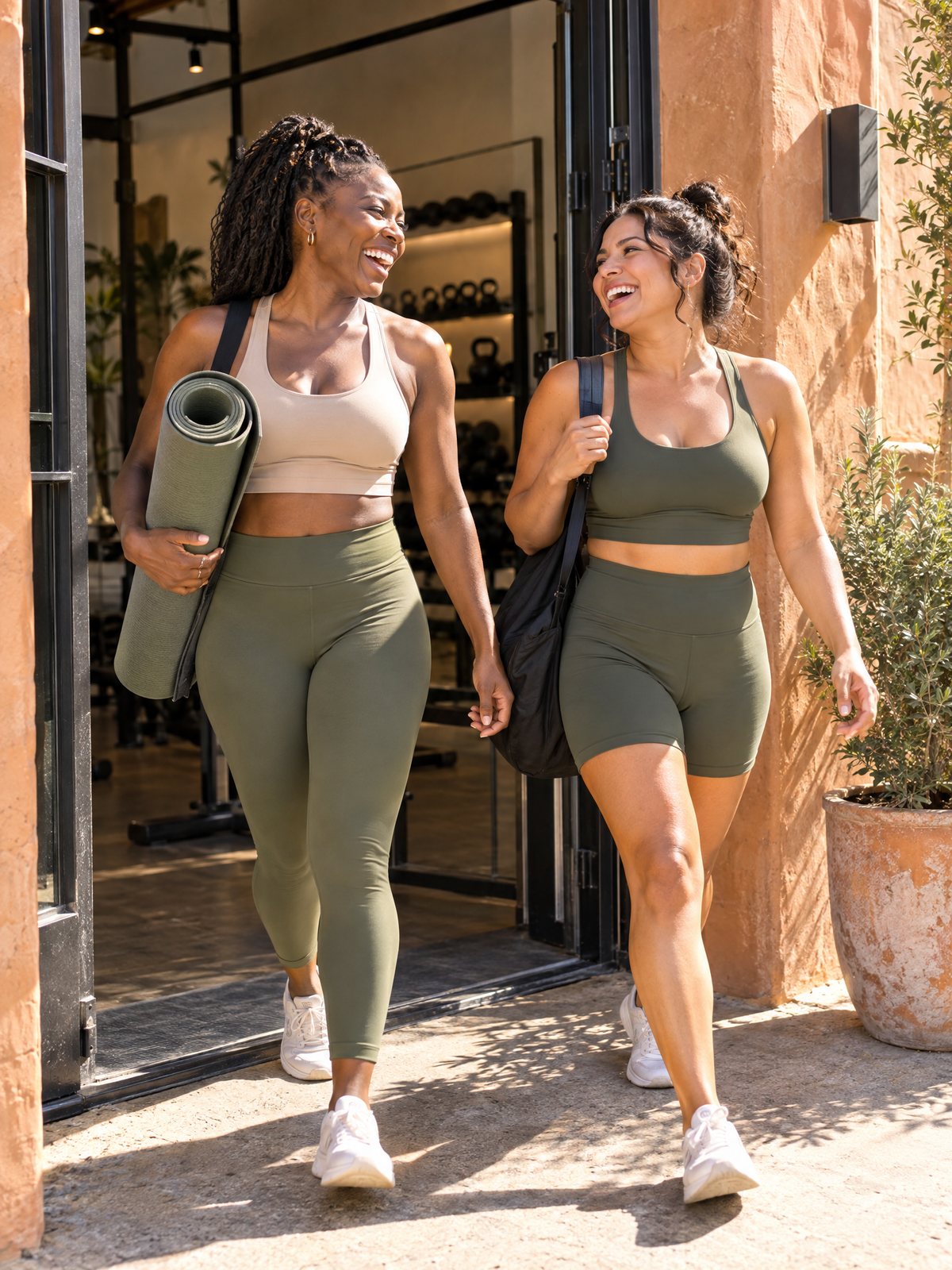 Two friends laughing as they walk out of a sunlit gym, one carrying a yoga mat.