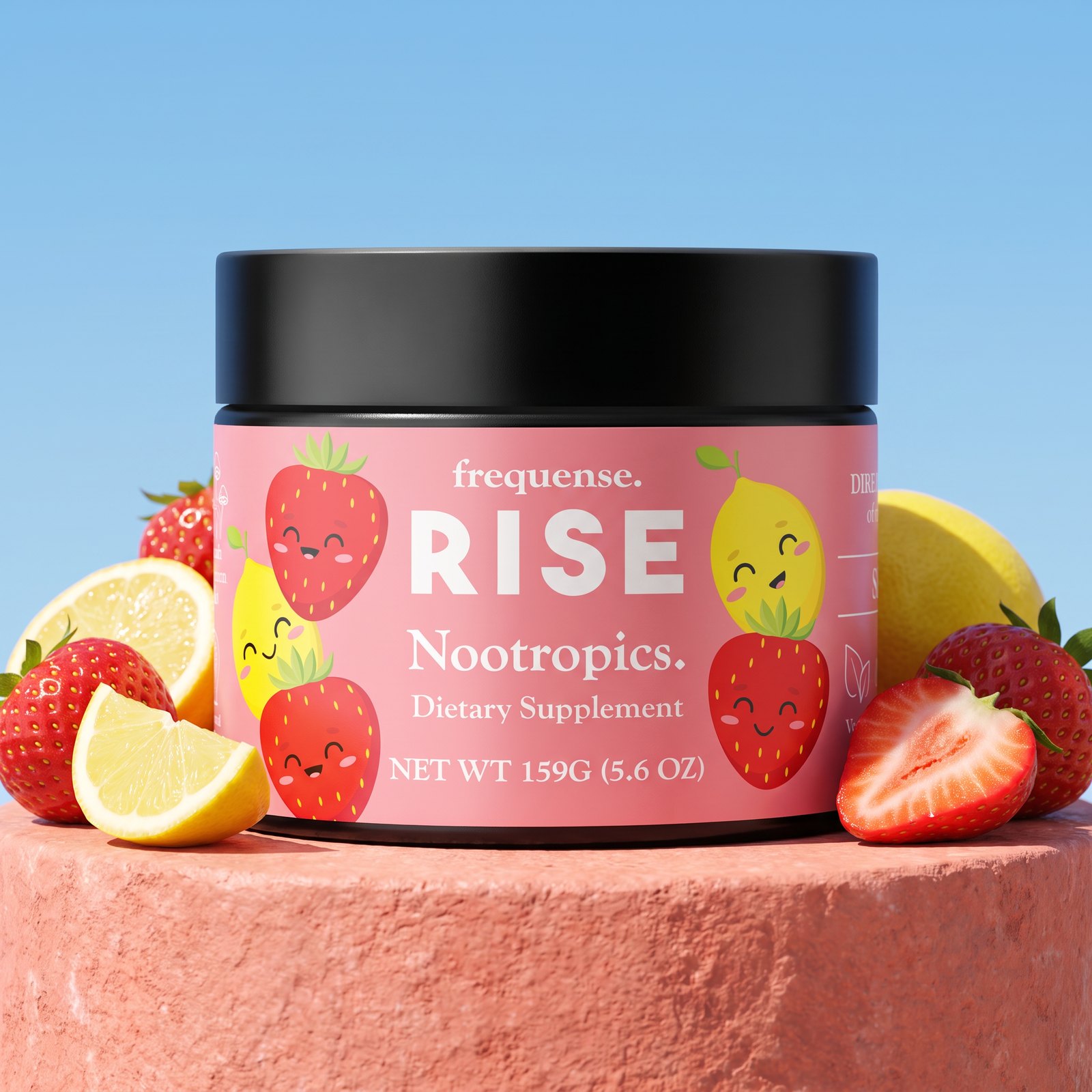 RISE Sweet 'N Tart jar on a pink stone pedestal with fresh strawberries and lemons against a blue sky.