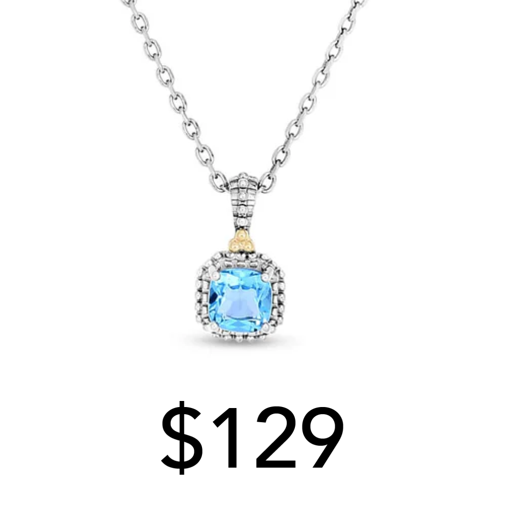 18 karat yellow gold and rhodium plated sterling silver swiss blue topaz pendant with 18" cable chain