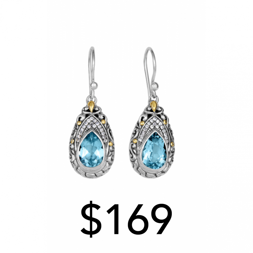 18 karat yellow gold and sterling silver blue topaz and white sapphire teardrop dangle earrings