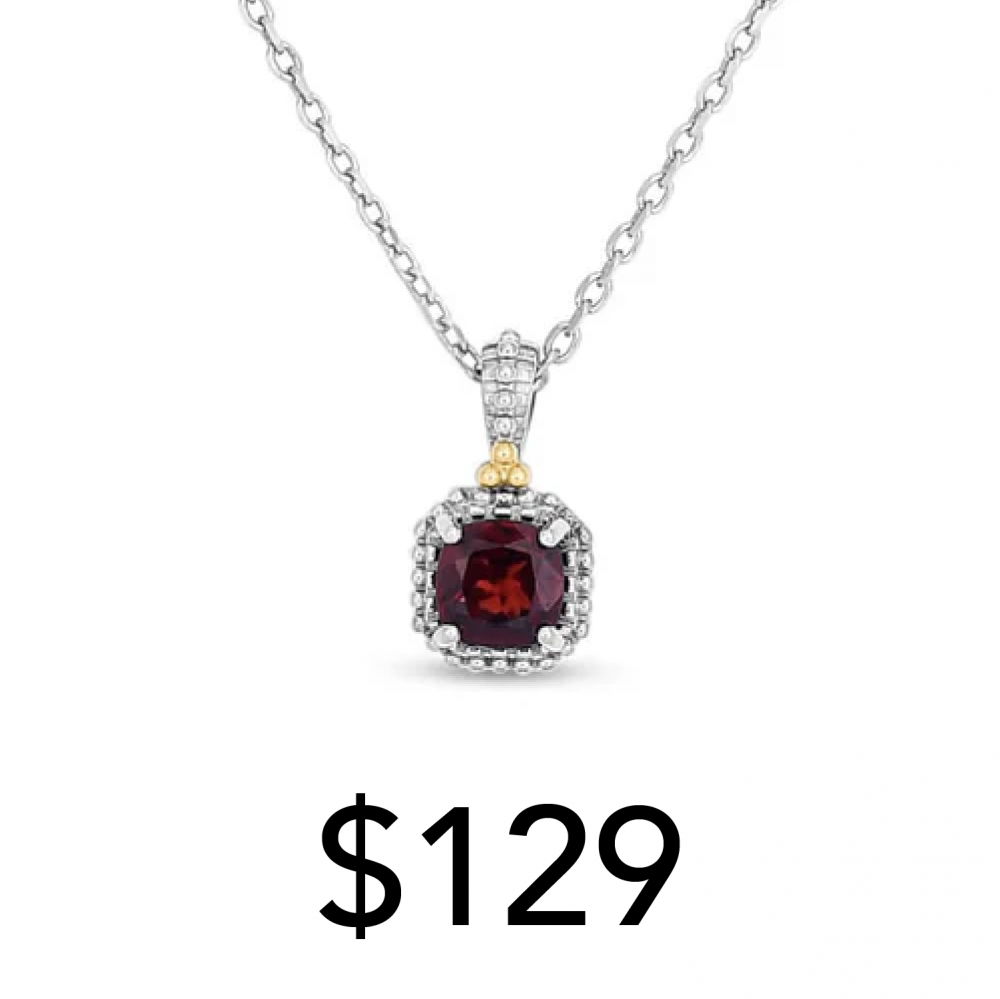 18 karat yellow gold and rhodium plated sterling silver garnet pendant with 18" cable chain