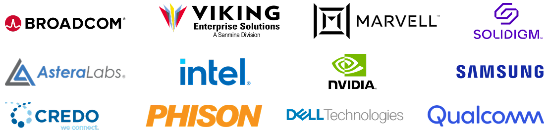Broadcom, Viking Enterprise Solutions, Marvell, Solidigm, Astera Labs, Intel, NVIDIA, Samsung, Credo, Phison, Dell Technologies, Qualcomm